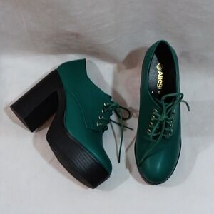 7.5 Allegra K Womens Green Platform Shoes Lace Up Chunky Heel Booties